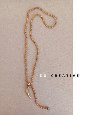 New men's sandalwood stone with steel horn pendant necklace